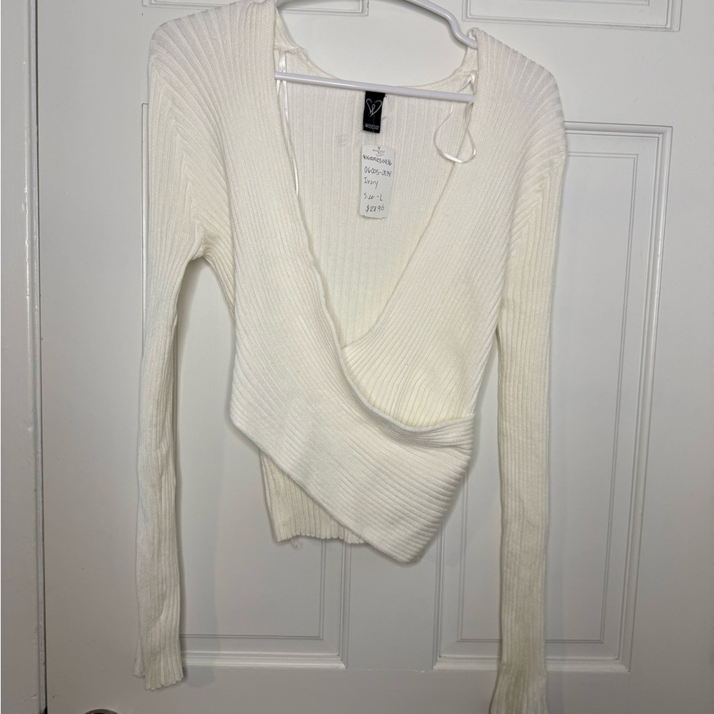 Ivory Ribbed Wrap Sweater